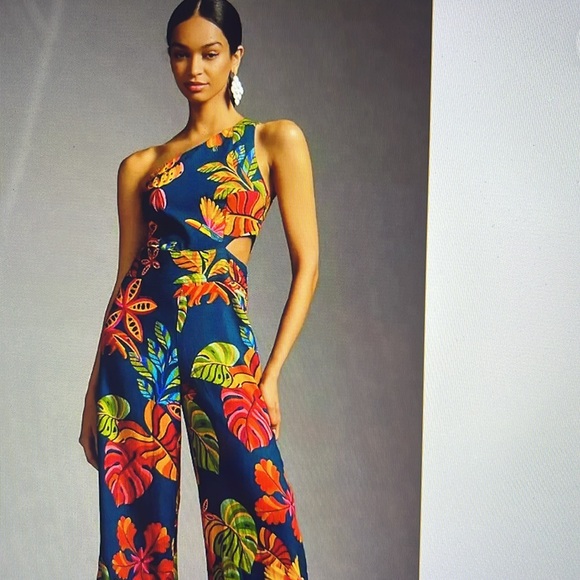 New w/Tags ~FARM Rio by Anthropologie: Printed One-Shoulder Jumpsuit Size XS - Picture 1 of 4
